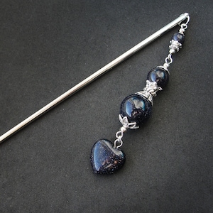 Blue Goldstone Heart Hair Stick: Silver Kanzashi Hair Pin