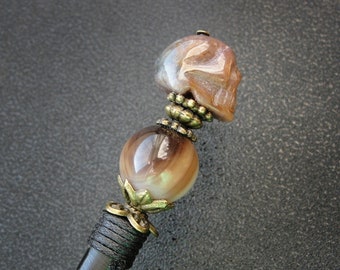 Wooden hair baton with indian agate skull, brown gemstone beads, halloween hairpiece