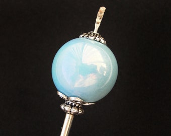 Japanese tama kanzashi, powder blue ceramic, very thin hair stick in silver color