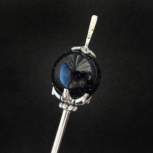 Blue goldstone tama kanzashi, japanese hairpin, silver color, thin bun holder for long hair