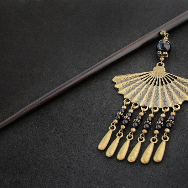 Folding fan hair stick, japanese black wooden chopstick for thick hair, bronze metal color