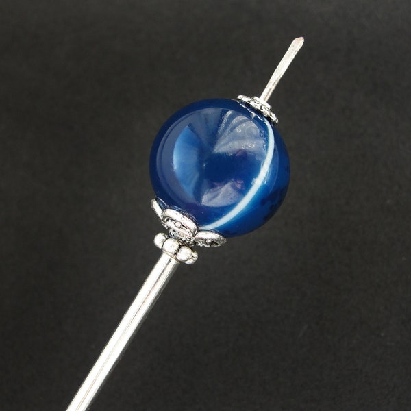 Tama kanzashi giapponese, perla di agata blu, lunga spilla da scialle minimalista, colore argento