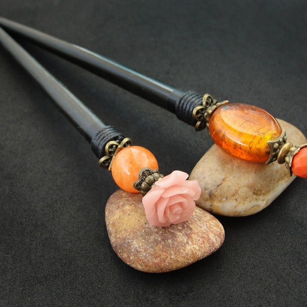 Set of 2 wooden hair sticks, orange coral rose, black bun holders of custom length