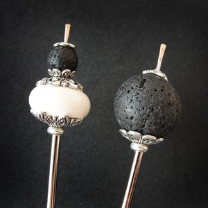 Set of two tama kanzashi with white coral and volcanic lava, 5.5&quot; usable length