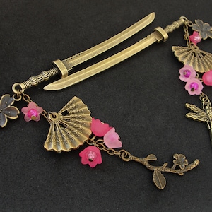 Single or set Japanese hair sticks, pink flowers, short katana bun holders, folding fan and sakura charms, bronze metal color