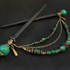 Set of 2 japanese wooden hair sticks with malachite, removable chain