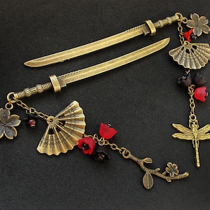 Single or set Japanese hair sticks, red and black flowers, short katana bun holders for Japan lovers