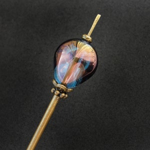 Simple tama kanzashi, rainbow glass bead, long hair needle in bronze color, 5.5" usable length