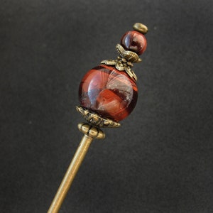 Modest tama kanzashi, red tiger eye, thin hair needle in bronze color, 5.5 usable length image 1