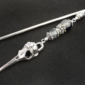 Raven hair stick, bird skull hairpin, white black crackle glass, silver metal color image 1