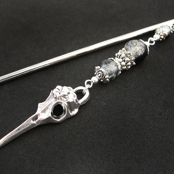 Raven hair stick, bird skull hairpin, white black crackle glass, silver metal color