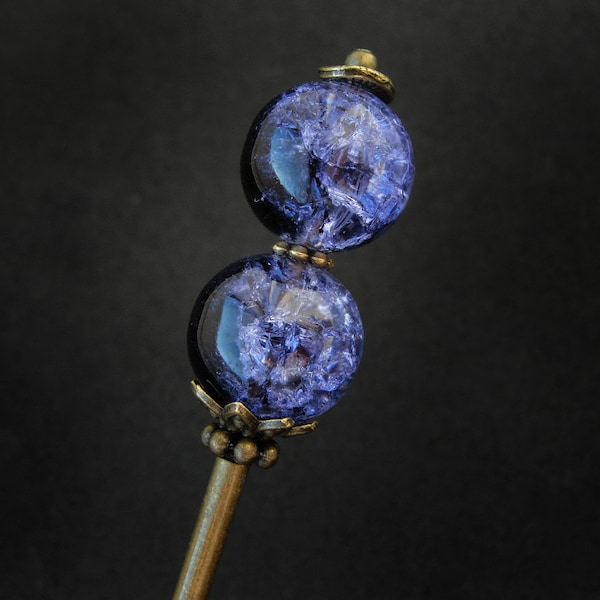 Japanese tama kanzashi, purplish blue crackle, long hair needle in bronze color, 5.5" usable length