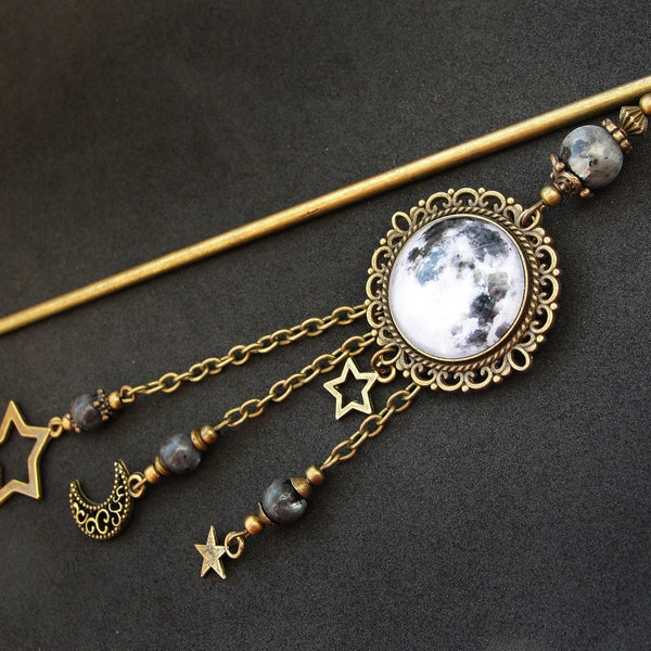 Full moon hair stick with labradorite, gray stone hairpin with dangling chain, bronze color