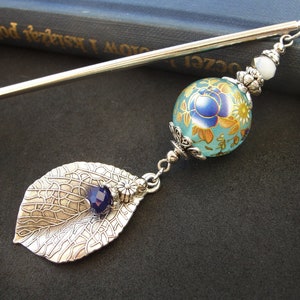 Japanese peony updo holder, geisha hair stick, printed flowers, metal or wooden rod