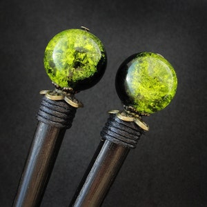 Set of 2 wooden hair sticks, green black beads, short bun holders