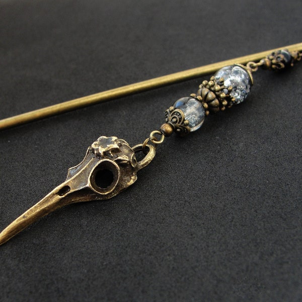 Raven hair stick, bird skull hairpin, white black crackle glass, bronze metal color