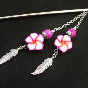 Metal hair stick - polymer clay flowers pink white - hairpin asian pick japanese kanzashi geisha hair piece orient jewellery hair slide