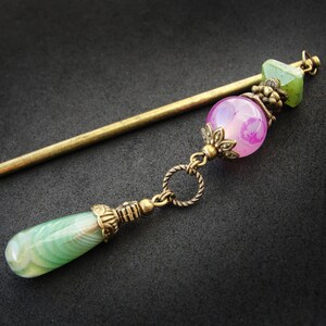 Stripe agate hair stick kanzashi wood hairpin bun decoration pink green chopstick asian hair piece orient jewellery geisha hair ornament