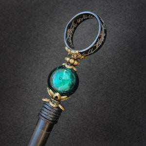 Wooden hair stick, black magical ring, viridian green lampwork, fantasy geek gift
