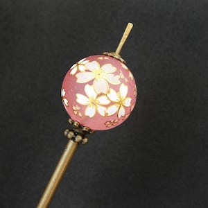 Sakura tama kanzashi, pink tensha, long hair needle in bronze color, 5.5&quot; usable length