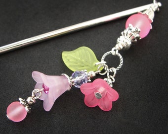 Japanese hairpin with frosted pink lucite flowers, metal or wooden stick