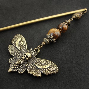 Death moth hair stick, skull witch hairpin, gothic updo jewelry, tiger eye stone and bronze metal