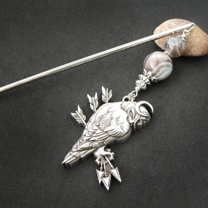 Lunar owl hairpin, bird of prey ornament, crescent moon and arrows, botswana agate