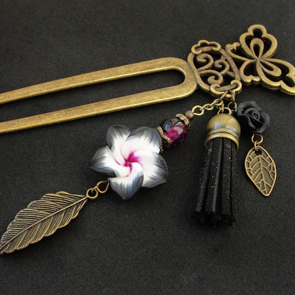 Metal hair fork, black clay flower, floral hairpin with two prongs, bronze color