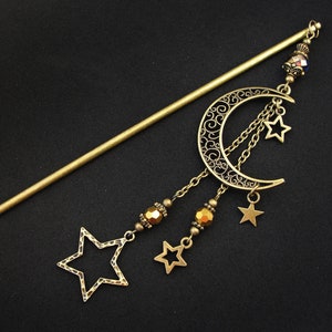 Crescent moon hair stick, golden fine crystals, dangling star charms
