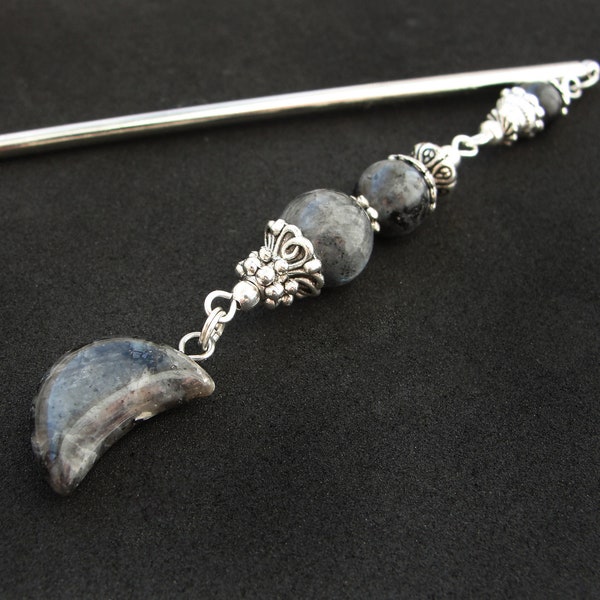 Metal hair stick with dangling labradorite chain, moon adornment, silver baton color