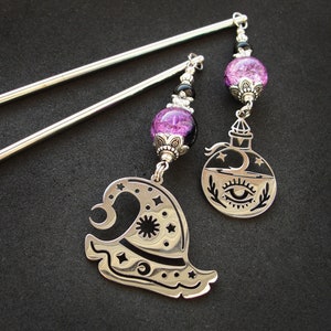 Witch Hat and Magical Pot hairpins, silver metal color, purple and black beads