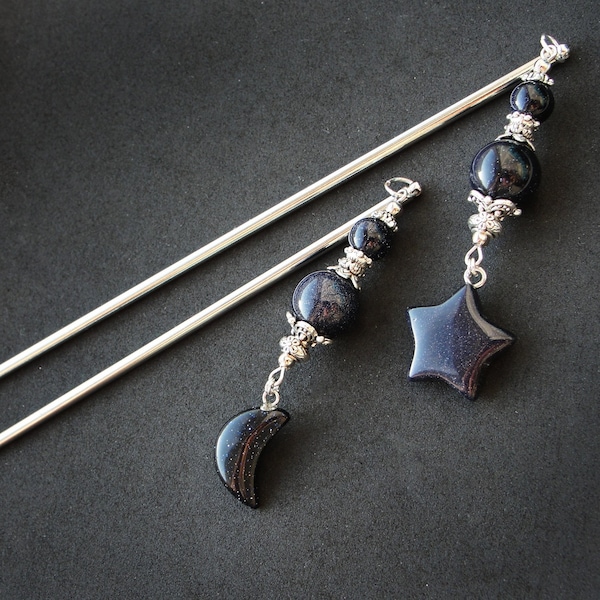 Single or Set of hair sticks with blue goldstone, moon and star charm, short or long prong