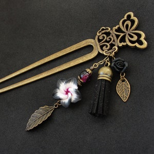 Metal hair fork, black clay flower, floral hairpin with two prongs, bronze color