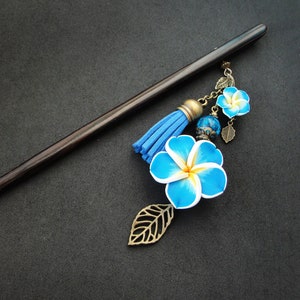 Blue flower hairpin, wooden chopstick, floral bun holder, bronze metal color