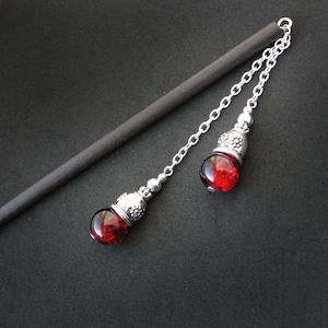 Simple hair stick with red black beads, wooden or metal pin, silver color elements