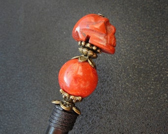 Wooden hair prong with red jasper skull, halloween hairpiece