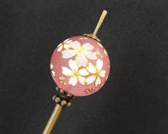 Sakura tama kanzashi, pink tensha, long hair needle in bronze color, 5.5" usable length