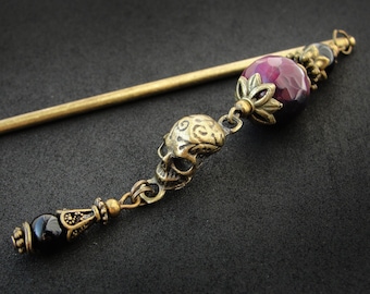 Hair stick black onyx purple agate hairpin japanese kanzashi skull hair piece orient jewellery hair slide ornament asian bun decoration