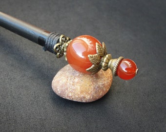 Wooden hair stick with brown agate gemstone, custom usable length