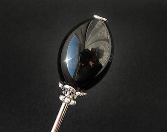 Tama kanzashi, black onyx hair stick, silver metal color, long thin pin