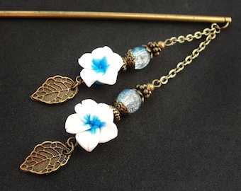 Floral Hair Stick: Polymer Clay Flower, Glass Bead Kanzashi