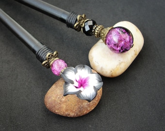 Two wooden hair sticks in purple and black, custom length