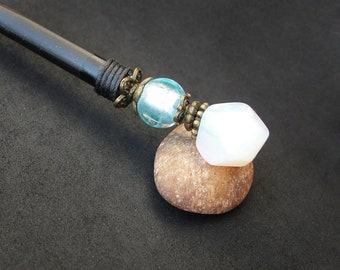 Wooden hair stick with white opal stone and bright blue bead, thick black prong