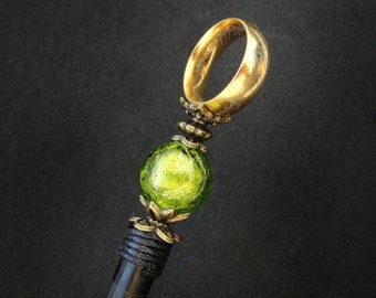 Wooden hair stick, golden magical ring, atlantis green lampwork, medium length bun holder, fantasy geek girl gift