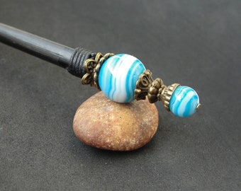 Blue agate hair rod, black wooden stick, minimalist hairpin, length to choose