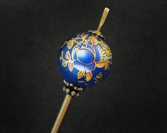 Blue peony tama kanzashi, navy tensha, thin bronze hairpin, 5.5" usable length