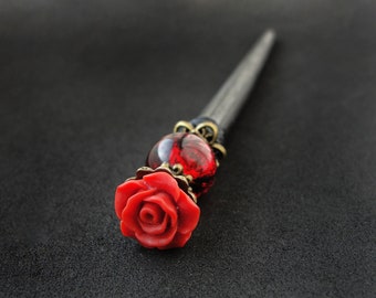 Red rose hair stick, chignon decoration, black updo chopstick