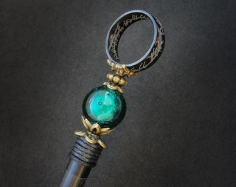 Wooden hair stick, black magical ring, viridian green lampwork, fantasy geek gift