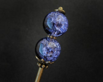 Japanese tama kanzashi, purplish blue crackle, long hair needle in bronze color, 5.5" usable length