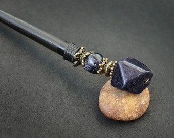 Black wooden hairpin with blue goldstone beads